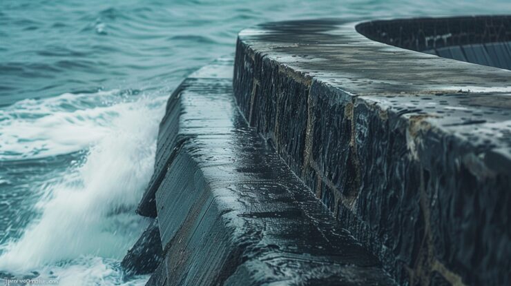 old stone pier with waves crashing against it - seawalls