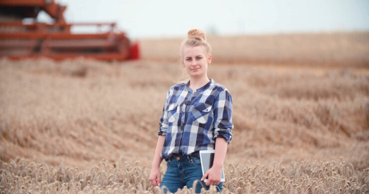 The woman is researching new wheat varieties in the field
